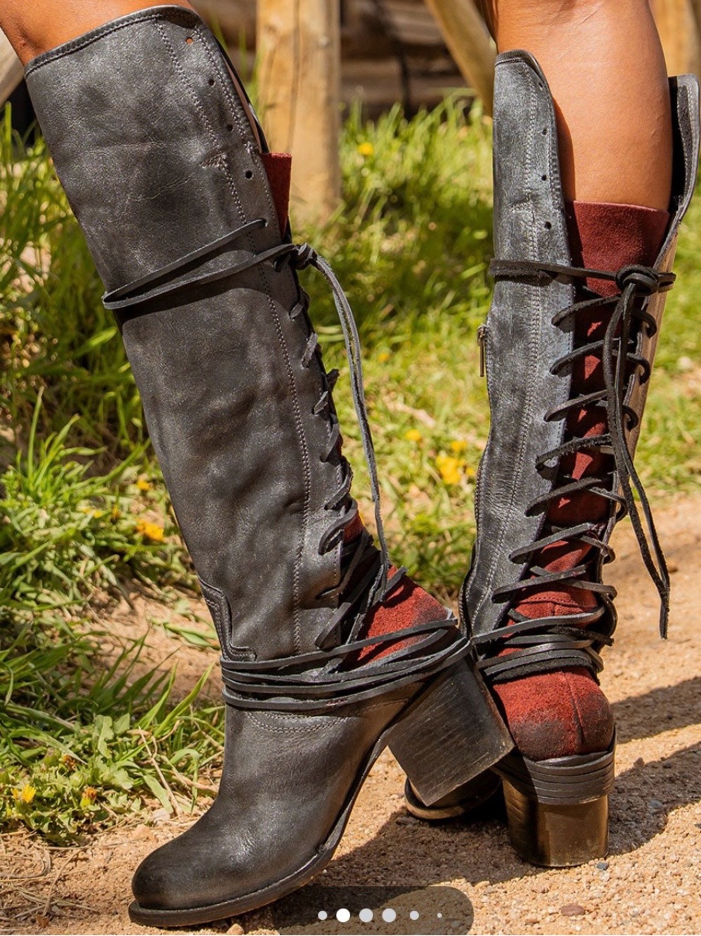 Tall Lace-Up Leather Boots in Dark Gray with Brown Accents